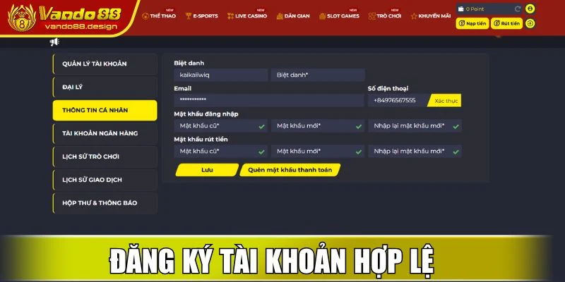 Đăng ký tài khoản hợp lệ